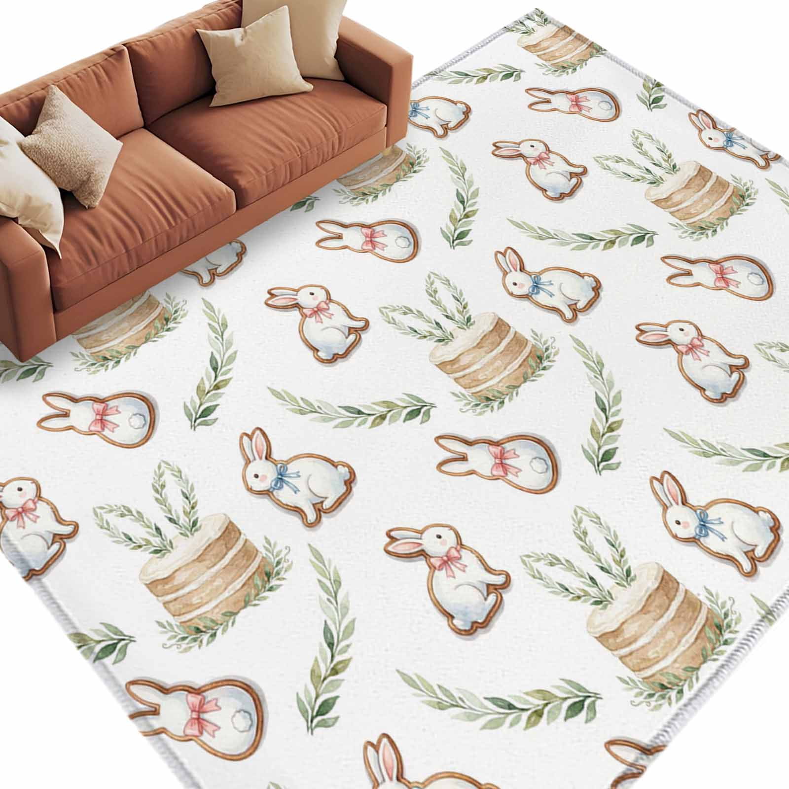 Kids Rugs Rabbit Cute Rabbits Area Rugs Collection 5'x7', Spring Eucalyptus Leaves ...