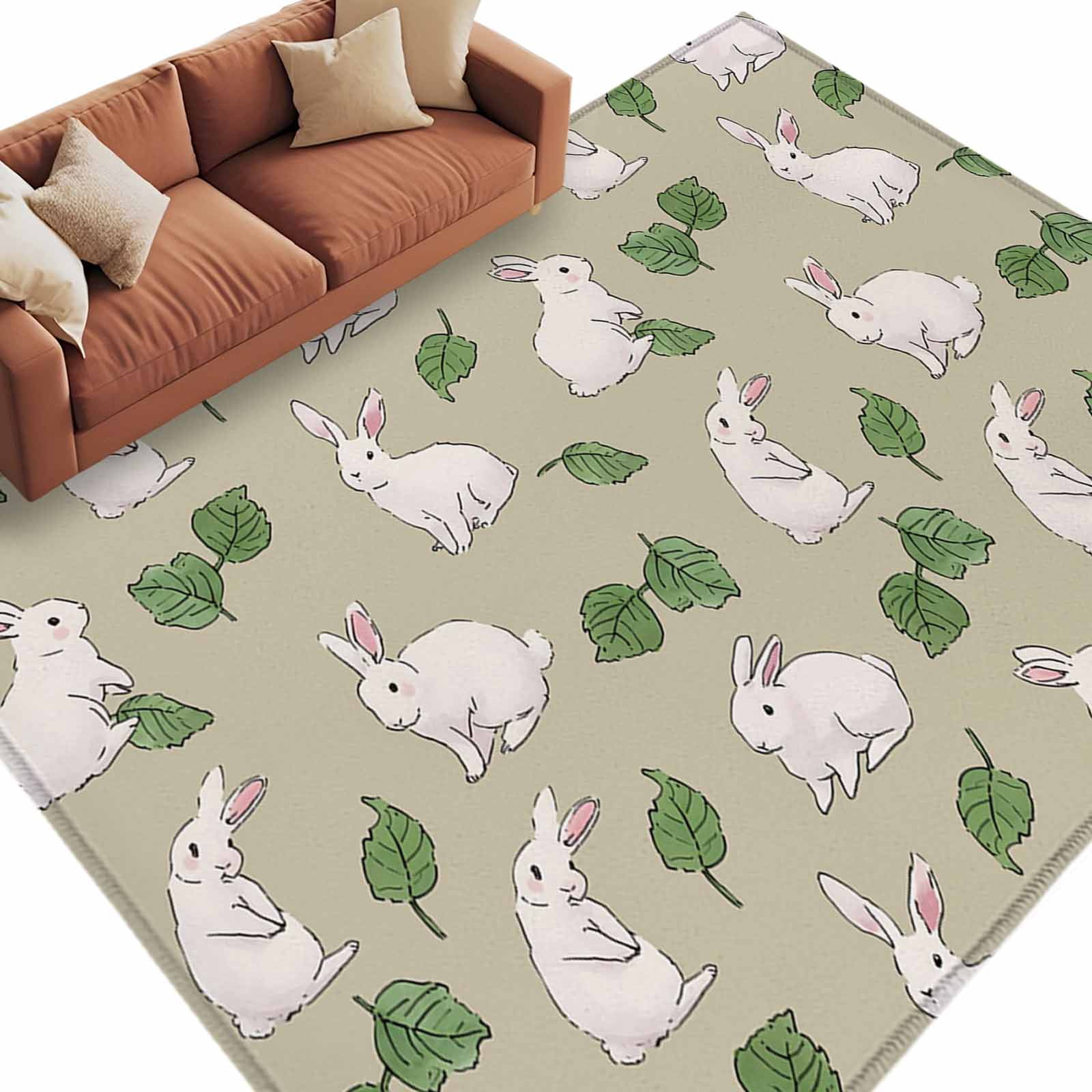 Cute Rabbits Area Rugs Collection 5'x8', Country Leaves Botanical ...