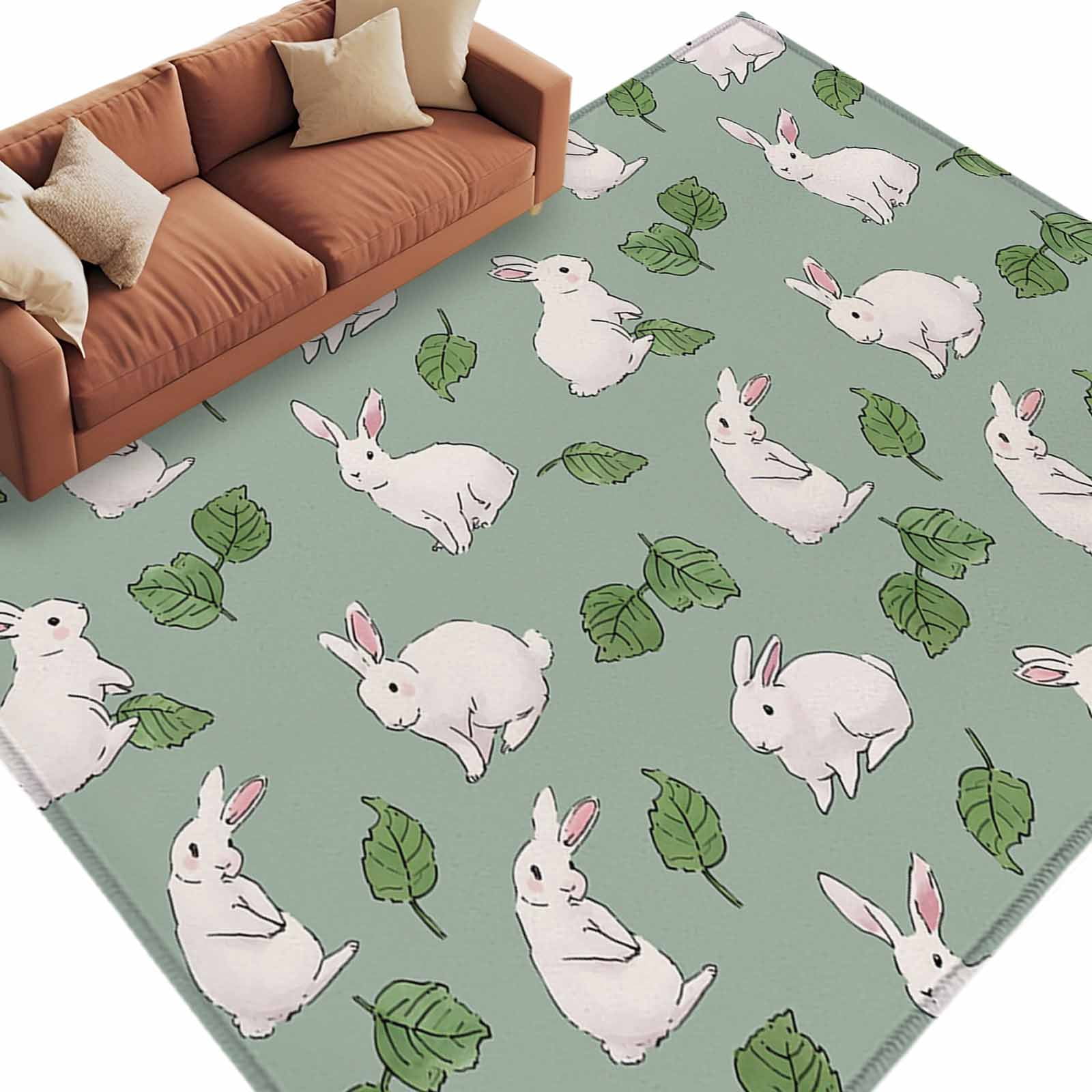 Cute Rabbits Area Rugs Collection 6'x9', Green Farmhouse Leaves Plants ...