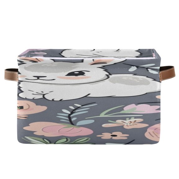 Cute Rabbits Blooming Flowers Leaves Square Storage Bins with Handles Collapsible Containing Box 1 Pack