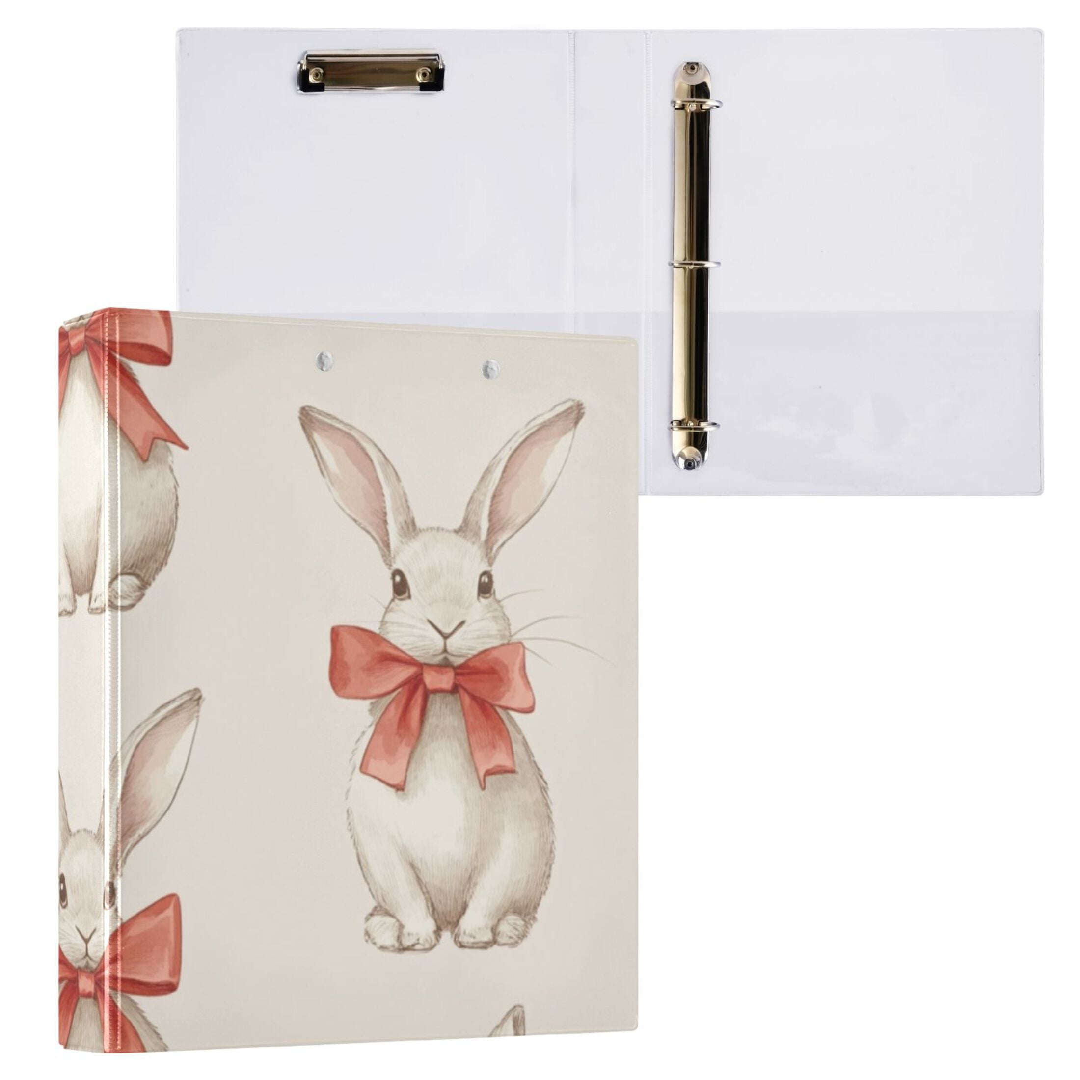 Cute Rabbits Bows 3 Ring Binders 1.5 inch Hardcover File Folders with Interior Pockets A4 Size Organizer for School Office Hospital Set of 2
