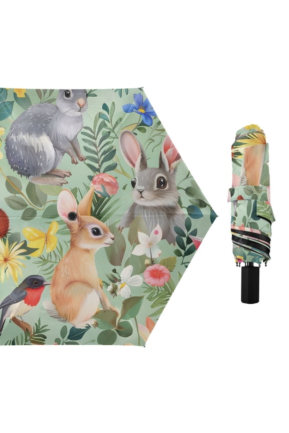 Cute Rabbits Colorful Florals Leaves All Weather Umbrella Triple Folding Parasol 6 Ribs UV Protection Portable