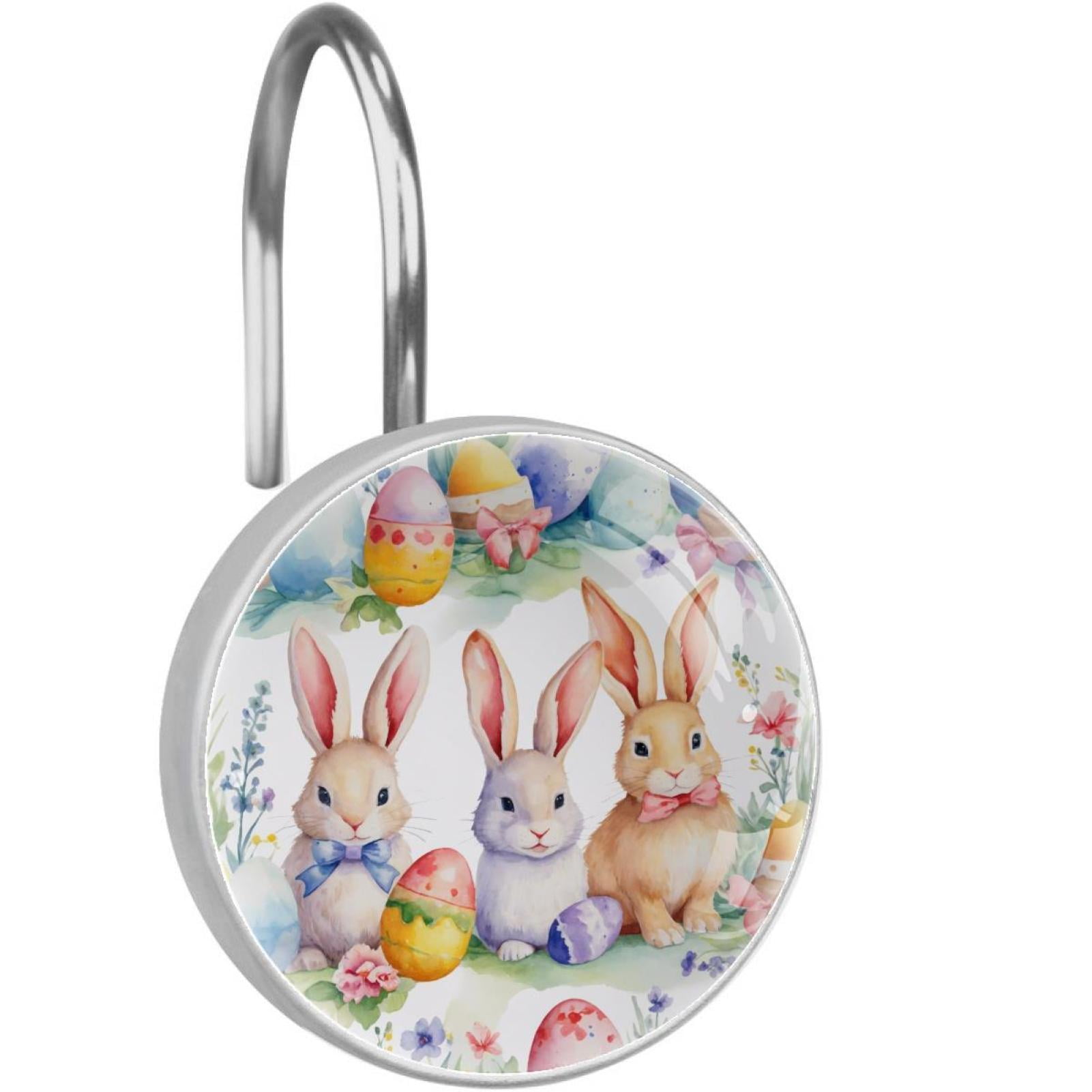 Cute Rabbits Easter Eggs Shower Curtain Hooks Round Crystal Glass, Set of 12 Shower Curtain Rings - Shower Hooks for Curtain Shower Rings