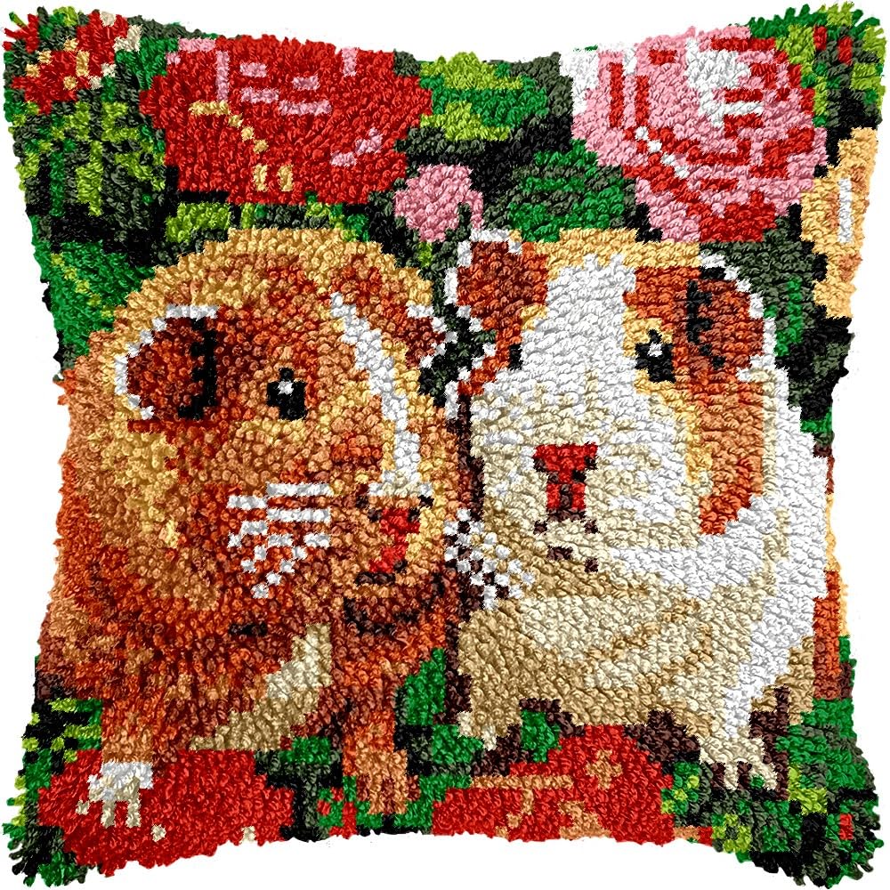 Cute Rabbits & Flowers Latch Hook Kits Pillow kits Cushion Throw Pillow Embroidery Craft Kits DIY Kits of DIY Hooking Pillowcase Cover Supplier with Color Printed Canvas 43x43cm (123)