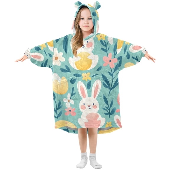 Cute Rabbits Holding Easter Eggs Flannel Wearable Blankets Hooded Design Long Sleeves Wrap Unisex for 3T-14Y L