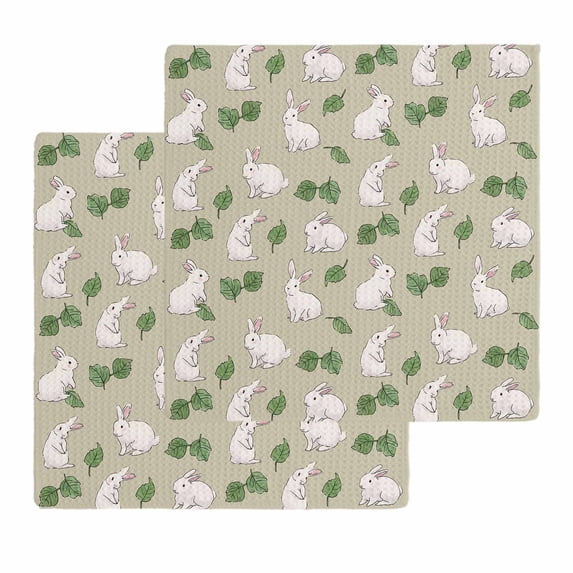 Cute Rabbits Kitchen Dish Towels for Drying Dishes Set of 2, Country Leaves Botanical Cartoon Bunny Beige Waffle Weave Microfiber Hand Tea Bathroom Towels Quick Dry & Absorbent Towel 12x12