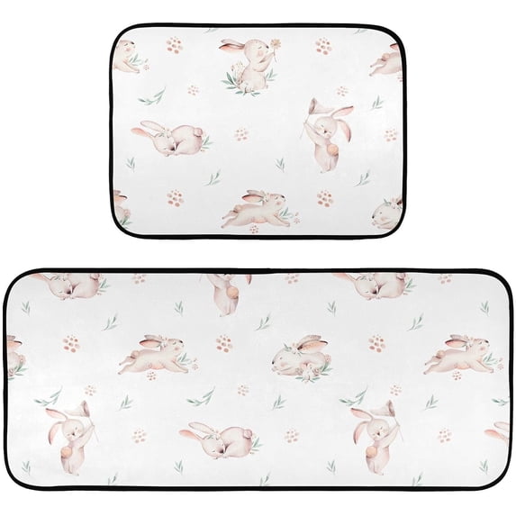 Cute Rabbits Kitchen Rug Mats 2PCS Non Slip 47" x 20" + 28" x 20" Kitchen Carpet Floor Mat Hallway Rugs Anti Fatigue Doormat Home Decor