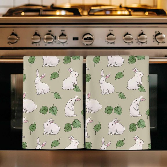 Cute Rabbits Kitchen Towels Set of 1, Country Leaves Botanical Cartoon Bunny Beige Absorbent Dish Towels for Kitchen, Microfiber Hand Towel, Quick Drying Tea Towel for Cleaning Decorative Dishcloths