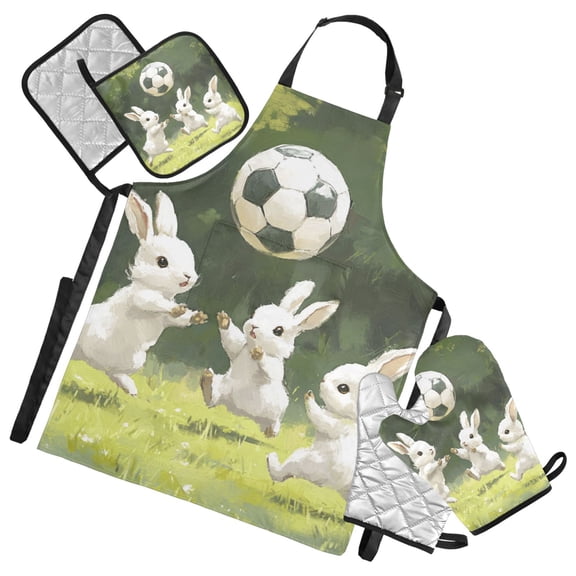 Cute Rabbits Play Soccer Cartoon Apron Set with Oven Mitts Pot Holders Set of 5 Kitchen Stuff Accessories