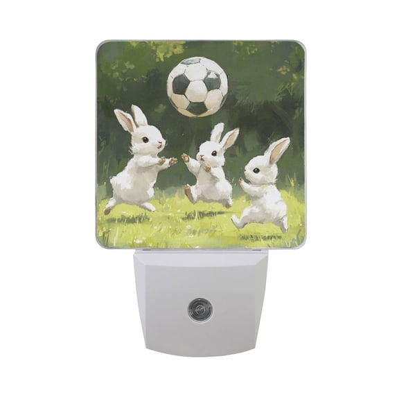 Cute Rabbits Play Soccer Cartoon LED Night Light with Smart Sensor Plug Into Wall Dusk to Dawn 2 packs