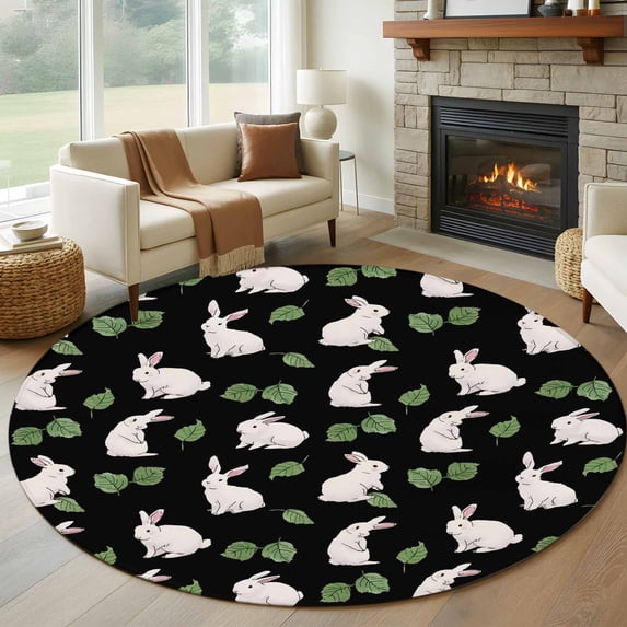 Cute Rabbits Round Area Rug 5Ft Washable Circle Rugs for Living Room ...