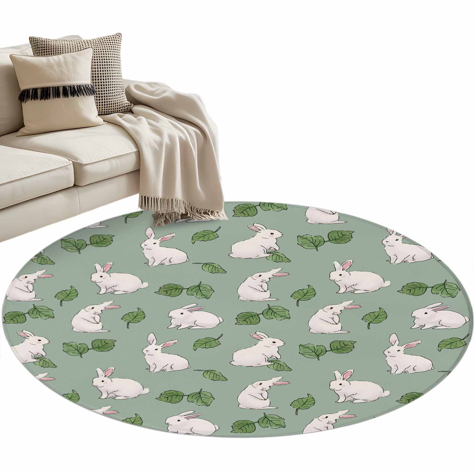 Cute Rabbits Round Area Rugs Collection 3.3', Green Farmhouse Leaves ...