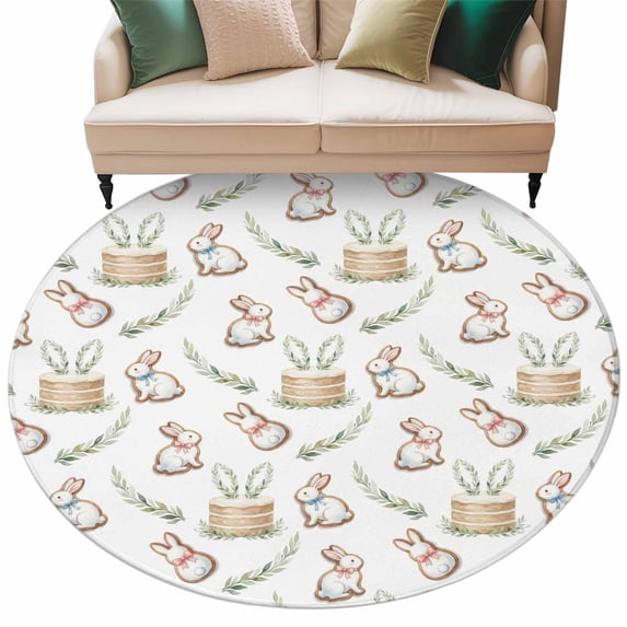 Cute Rabbits Round Area Rugs Collection 7', Spring Eucalyptus Leaves ...