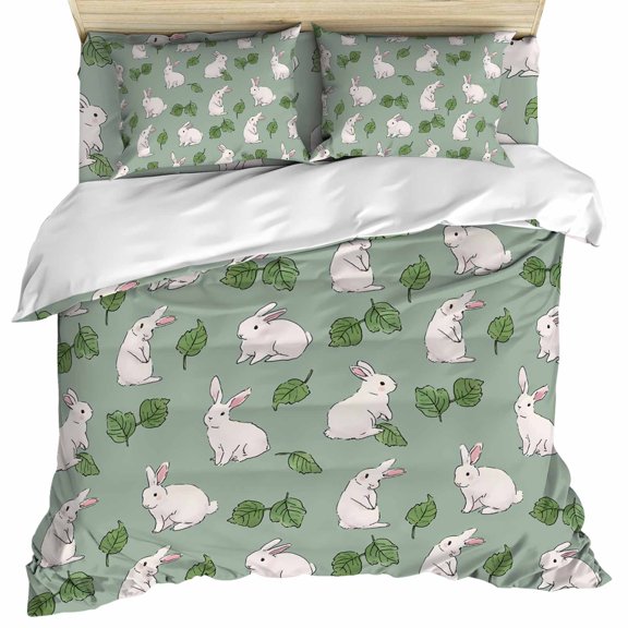 Cute Rabbits Set of 4 Bedding Quilt Covers, Green Farmhouse Leaves Plants Cartoon Bunny 4-Piece Bed Sheet Set with Extra Soft Bed Sheets Quilt Cover Pillowcase, Full
