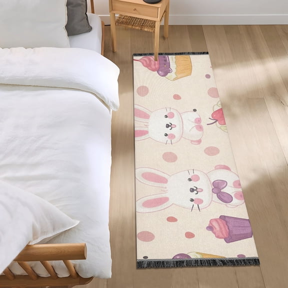 Cute Rabbits Strawberries Cupcakes Bedside Runner Rug 2'x 6' Non Slip Carpet Floor Mat Area Rug