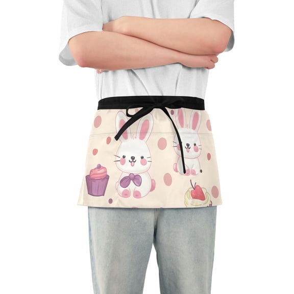 Cute Rabbits Strawberries Cupcakes Short Server Apron with 3 Pockets for Unisex Chef Gardening