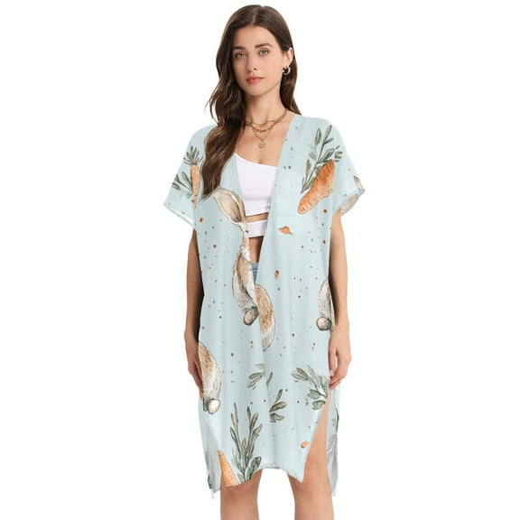 Cute Rabbits and Carrots Women Swimsuit Cover up V Neck Beach Dress Short Sleeve Vacation Outfits Swimwear