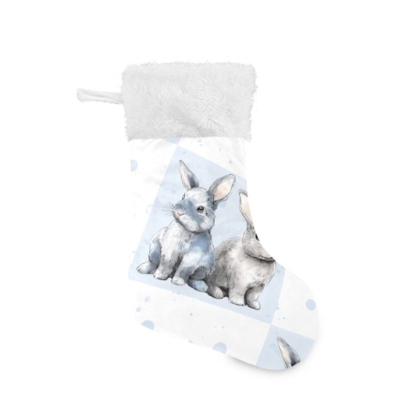 Cute Rabbits in Blue Plaids Christmas Stockings Large Capacity 18 inch Gift Bag with Hook Xmas Holiday Decor 1 Pack