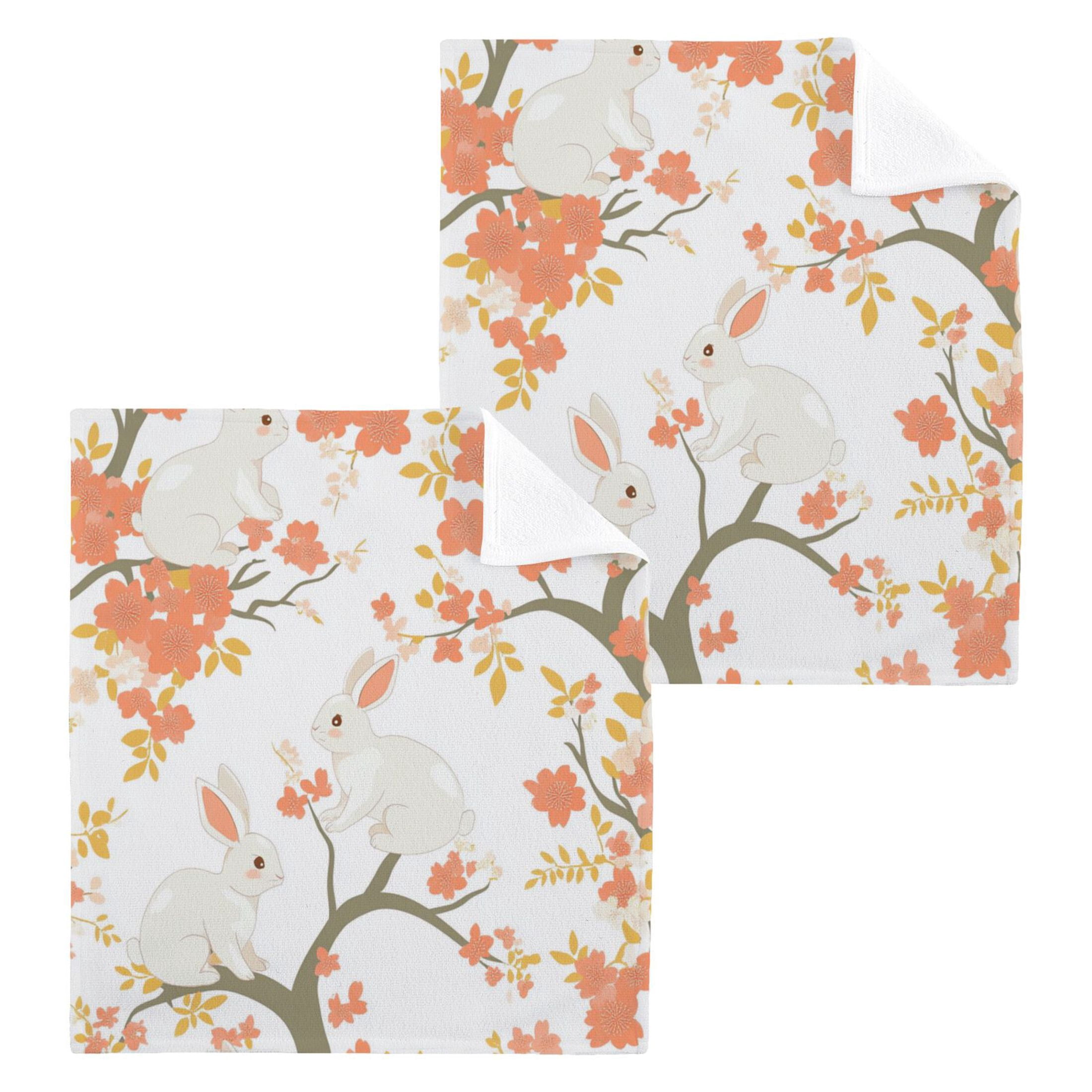 Cute Rabbits on Orange Flowers 100% Cotton Face Towel 12x12in Soft ...