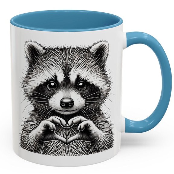 Cute RacC1oon Love Mug, B & White Animal CoffeeTea Cup, WholeS1ome Woodland Art, Furry Bandit Heart H1ands, Unique WildL1ife Lover Gift