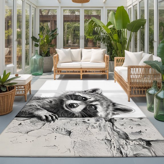 Cute Raccoon 5'x7' Rugs for Living Room Sofa and Coffee Table Layout, Modern Minimalist Farmhouse Grey Funny Animal Washable Stain Proof Non Slip Rectangle Play Area Rug
