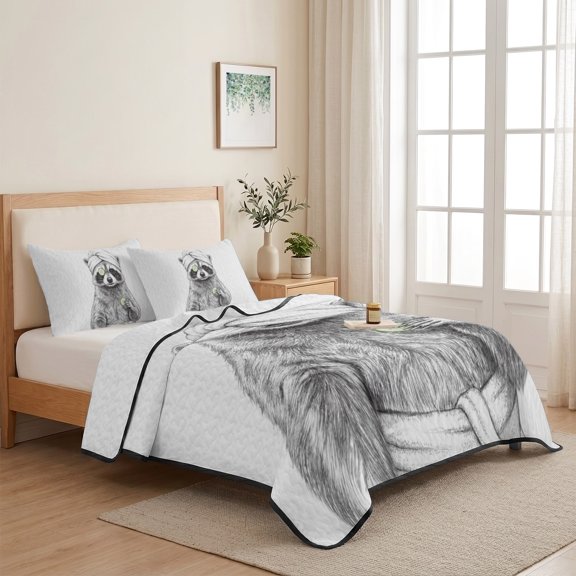 Cute Raccoon Abstract Art 3 Pieces Quilt Set,1 Quilt with 2 Shams,Funny Animal Spa Bath Towel Bedspread Soft Lightweight Bedding Coverlet Comforter Set for All Season 68"x98"