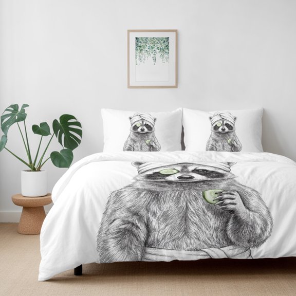 Cute Raccoon Abstract Art California King Size Bed Set,Funny Animal Spa Bath Towel Bedding for All Seasons,4 Pcs Bed Set with 1 Quiltcover (96"x104"),1 Sheet (110"x98"),2 Pillowcases (20"x36")