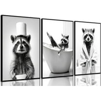 Cute Raccoon Bathroom Canvas Wall Art Funny Raccoon Prints Wall Decor Country Animal Pictures Fun Bathroom Modern Fun Bathroom Animal Painting Posters for Bathroom Toilet(Framed canvas)