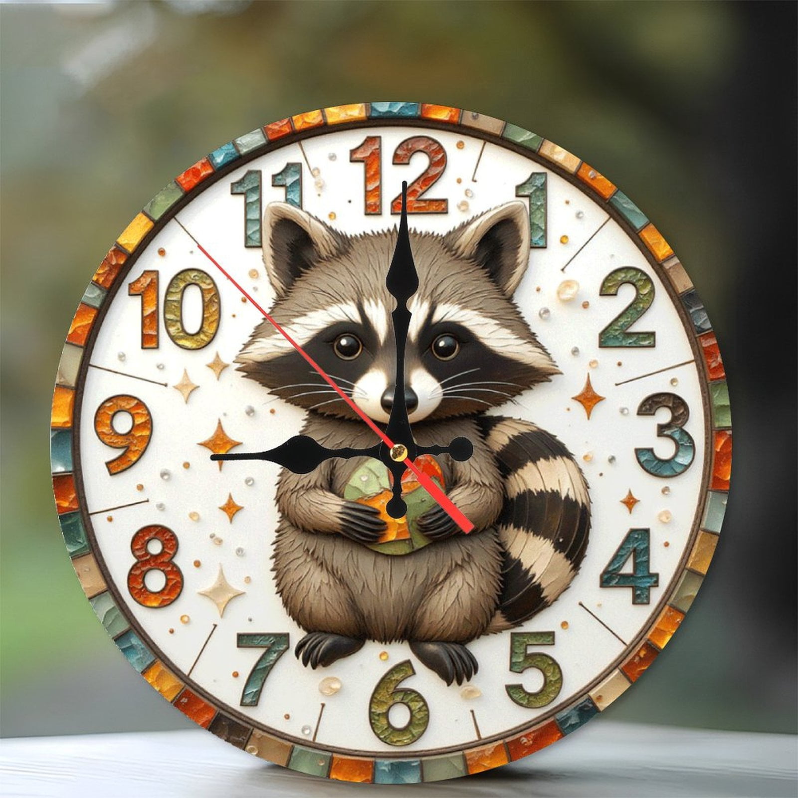 Cute Raccoon Decorative Wall Clock with Colorful Numbers 10-Inch Silent ...