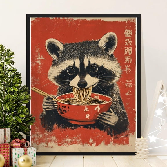 Cute Raccoon Eating Ramen Poster Whimsical Animal Art Print for Wall Decor Fun Kitchen Wall Poster Unique Anime comic Raccoon Poster Gift