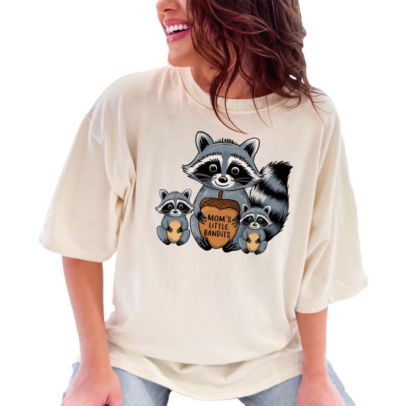 Cute Raccoon Family Graphic Tee, Mom's Little Bandits Design, Fun Animal Lover T-Shirt, Adorable Racoon Illustration Shirt, Ivory Comfort Colors T-Shirt, Small