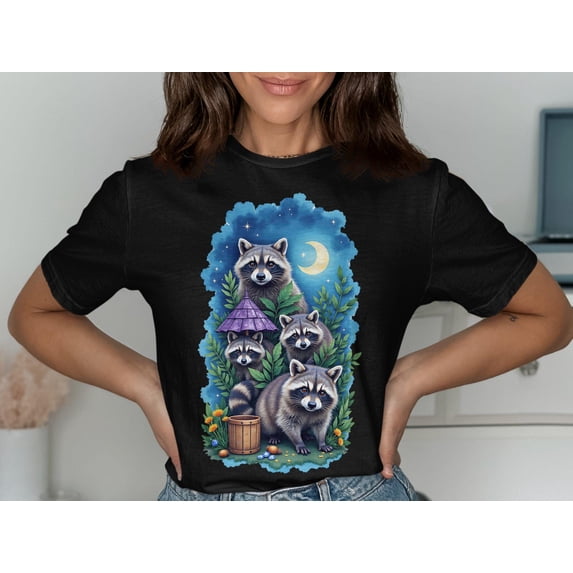 Cute Raccoon Family T-Shirt Moonlit Forest Scene Adorable Wildlife Art Raccoons Under Moon Nighttime Animal Lovers Graphic Tee