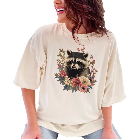 Cute Raccoon Floral TShirt, Adorable Animal Graphic Tee, Nature Lover Gift, Women's Trendy Top, Unique Printed Shirt, Casual Wear, Ivory Comfort Colors T-Shirt, XL
