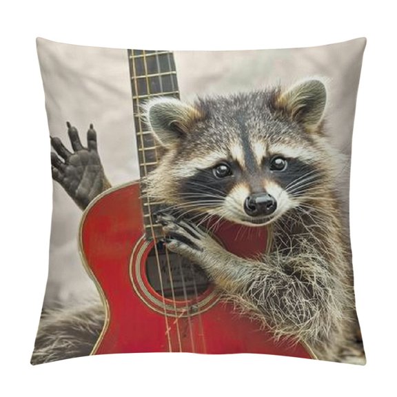 Cute Raccoon Playing Guitar Decorative Throw Pillow Covers Pillows Case Square Cushion Cover Cases Pillowcase with Zipper Sofa Home Decor for Couch Bed Patio Car