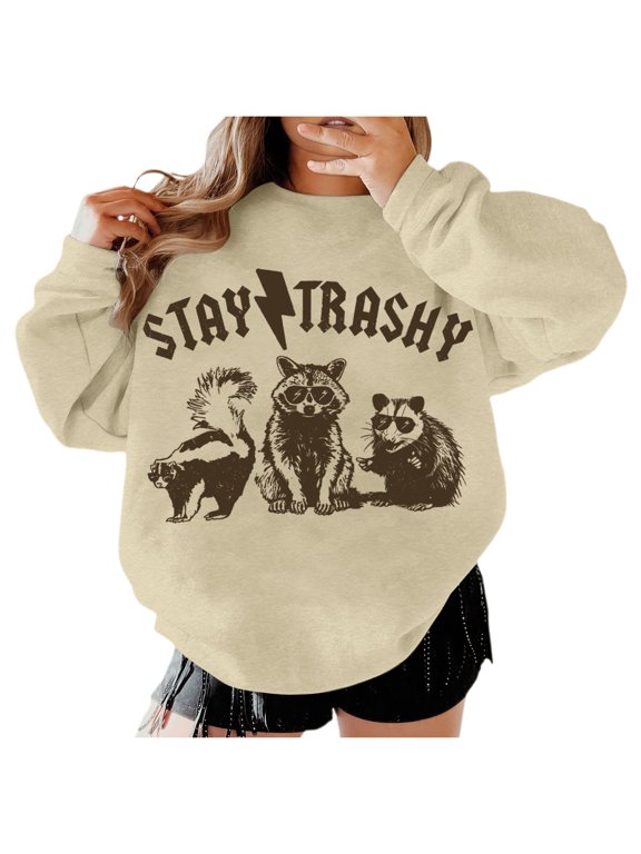 Cute Panda Graphic Sweatshirt Women Oversized Long Sleeve Crewneck Meme No Hood Top Beige