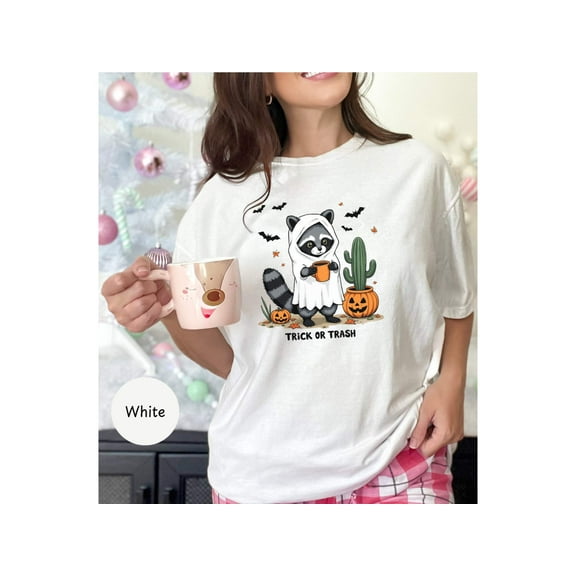 Cute Raccoon Trick or Trash Halloween T-Shirt, Funny Halloween Ghost Costume Tee, Spooky Holiday Shirt, Halloween Party Outfit