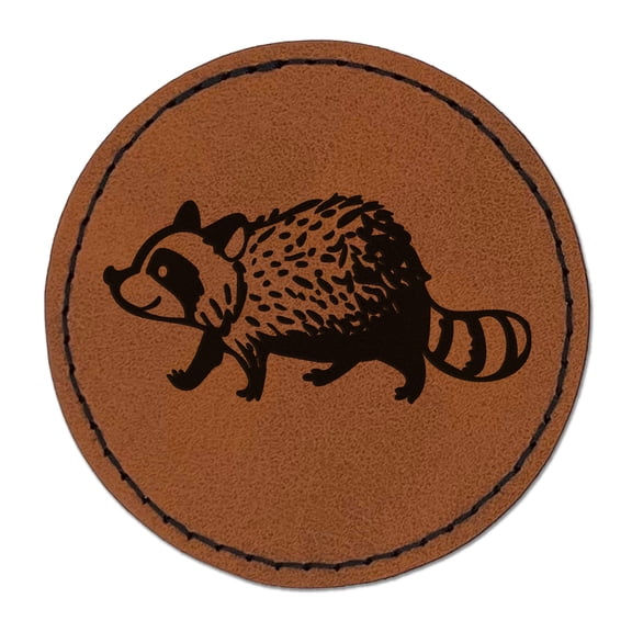 Cute Raccoon Walking 2.5" Faux Leather Round Engraved Iron-On Patch - Brown