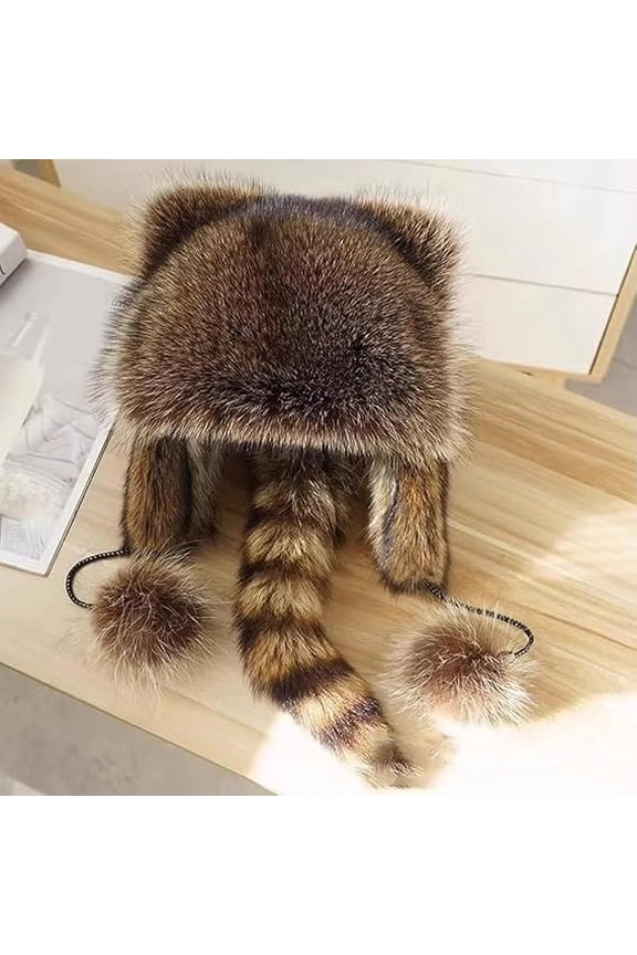 Cute Raccoon Winter Hat with Tail, Plush Warm Earmuff Beanie for Kids, Women and Men