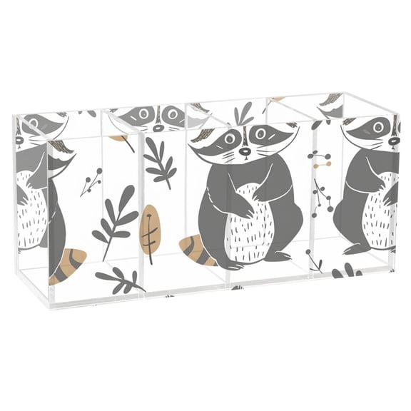 Cute Raccoon and Leaf Acrylic Pencil Pen Holder Cup 4 Compartments Desktop Organiser 7.87"x2.78"x3.54"