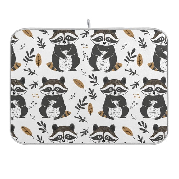 Cute Raccoon and Leaf Dish Drying Mat 16x18 Absorbent Microfiber Draining Rack Pad for Kitchen Counter Sink