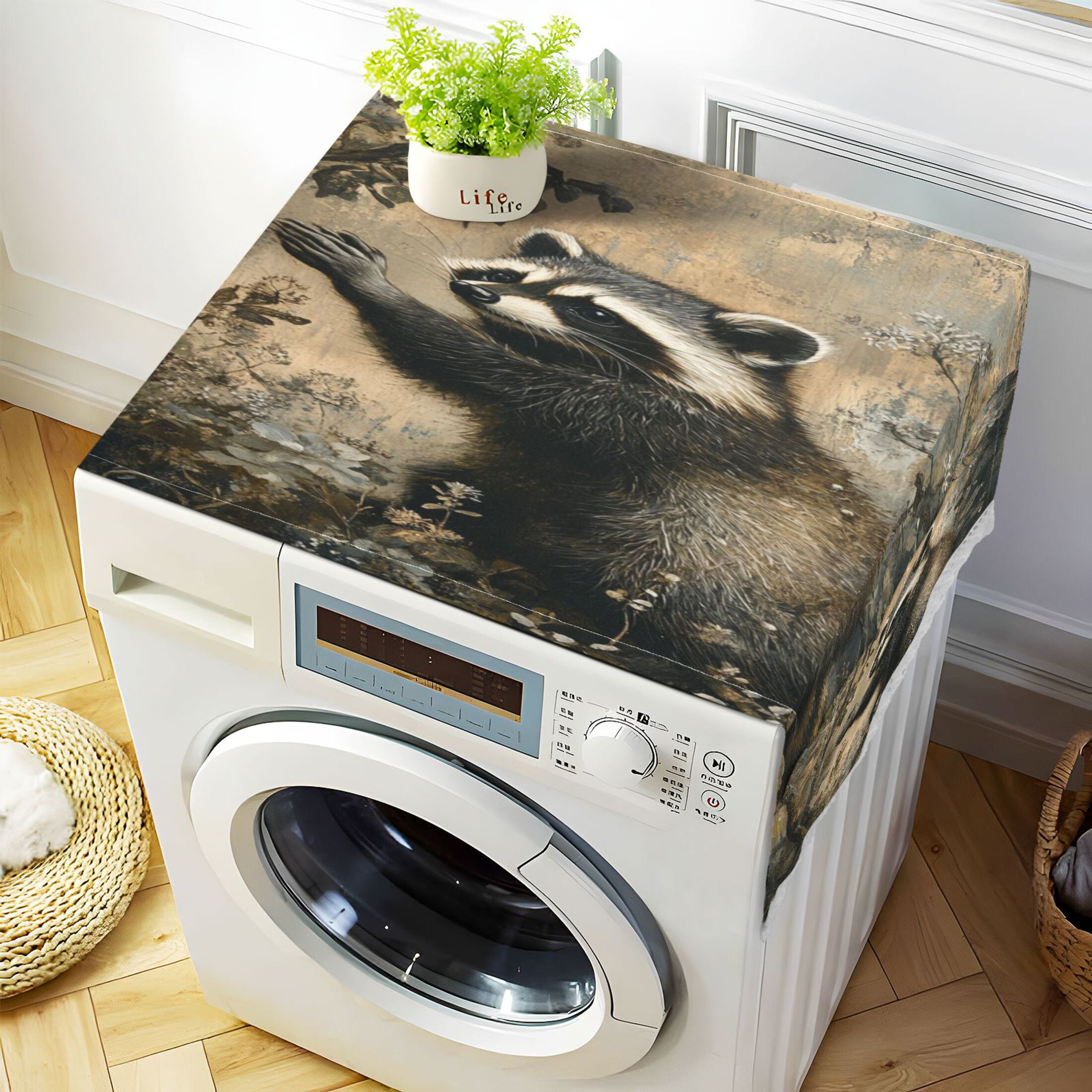 The Cute RaccoonWasher and Dryer Covers Dust-Proof and Oil Resistant Fridge Cover with 4 Storage Pockets Washing Machine Top Cover for Laundry Kitchen Home 51.2 x 22 In