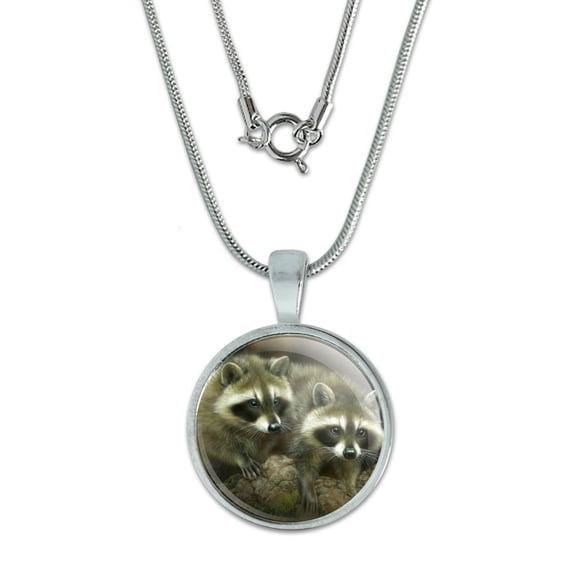 Cute Raccoons Curiosity 0.75" Pendant with Sterling Silver Plated Chain