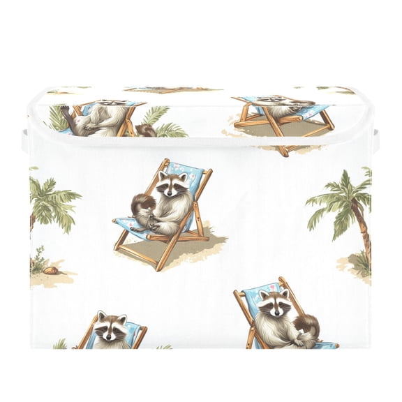Cute Raccoons Sunbathing on Beach Palm Tree Foldable Storage Bins with Lids Handles Collapsible Storage Containers Tote Boxes 16.5 x 12.6 x 11.8 inches