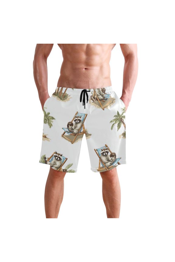 Cute Raccoons Sunbathing on Beach Palm Tree Men's Swim Trunks Beach Shorts Bathing Bottoms M