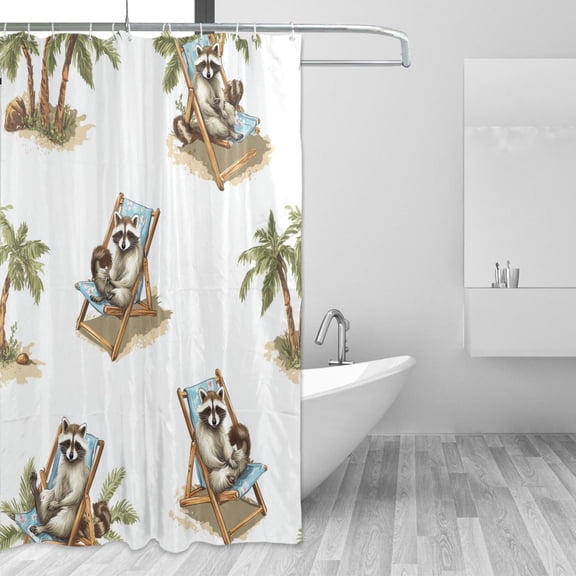Cute Raccoons Sunbathing on Beach Palm Tree Shower Curtains with 12 Hooks Waterproof Bathroom Decor 66" x 72"
