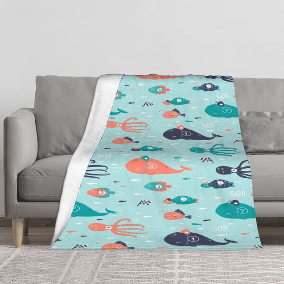 Cute Racing Ocean Animal Seamless Flannel Fleece Throw Blanket, Cartoon Whale Octopus Turtle Fish Race Flag GO Print Soft Cozy Lightweight Blanket for Kids Sofa Couch Bed