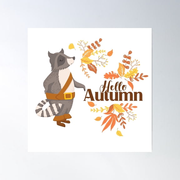 Cute Racoon Character, Lettering And Autumn Leaves Poster Wall Art, Modern Wall Decor For Living Room Bedroom, 17x17 UNFRAMED