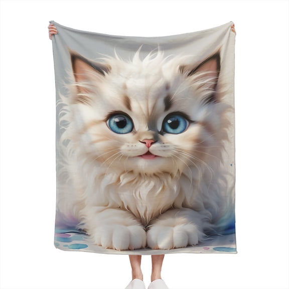 Cute Ragdoll Kitten Blue Eyed White Kitty Cat Pet Kittens Lover Gift Lightweight Cozy Soft Flannel Throw Blanket 50x60 inches for Couch, Bed, Living Room, and Travel
