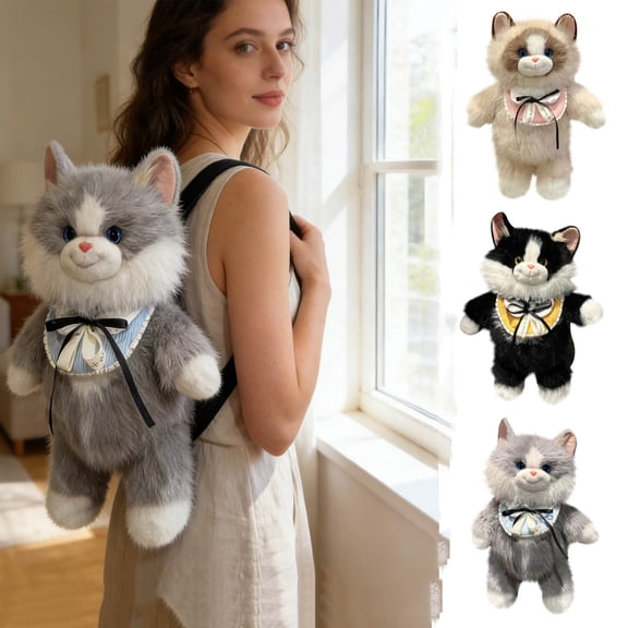 Cute Ragdoll Kitty Backpack Toy - Soft Plush Cat Double Shoulder Bag Doll for , Adorable Stuffed Animal Backpack for Daily Use Travel Pretend Play and Birthday Gift Giving, 19.69in, Brown