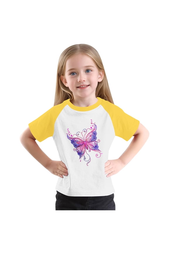 Cute Raglan Graphic Tees for Girls Size 3-14 Summer Short Sleeve Baseball T-Shirts Loose Fit Round Neck Going Out Tops Yellow, 5 Years